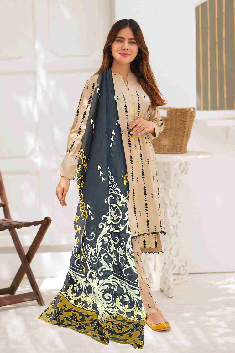 Picture of Senorita - LAD-02198 | Fawn | Casual 3 Piece Suit  | Cotton Plain Embroidery - Available at Raja Sahib