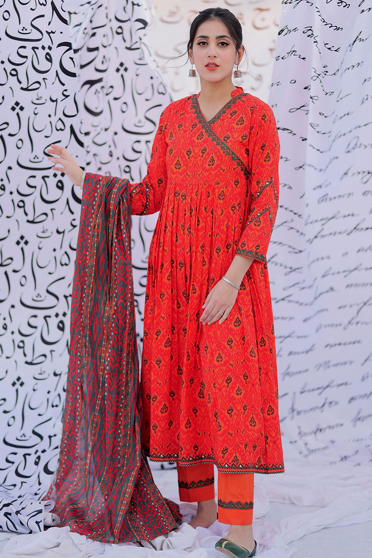 Picture of Senorita - LAD-02215 | Orange & Multicolor | Casual 3 Piece Suit | Cotton Lawn Print - Available at Raja Sahib