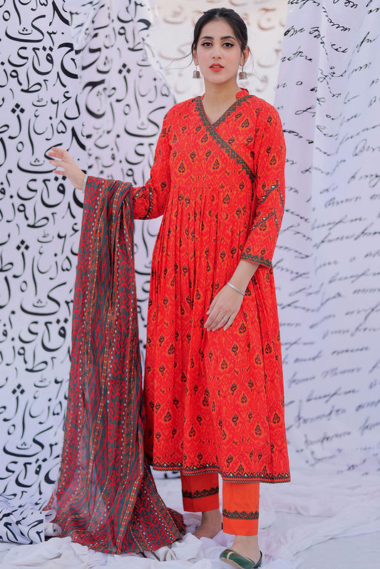 Picture of Senorita - LAD-02215 | Orange & Multicolor | Casual 3 Piece Suit | Cotton Lawn Print - Available at Raja Sahib