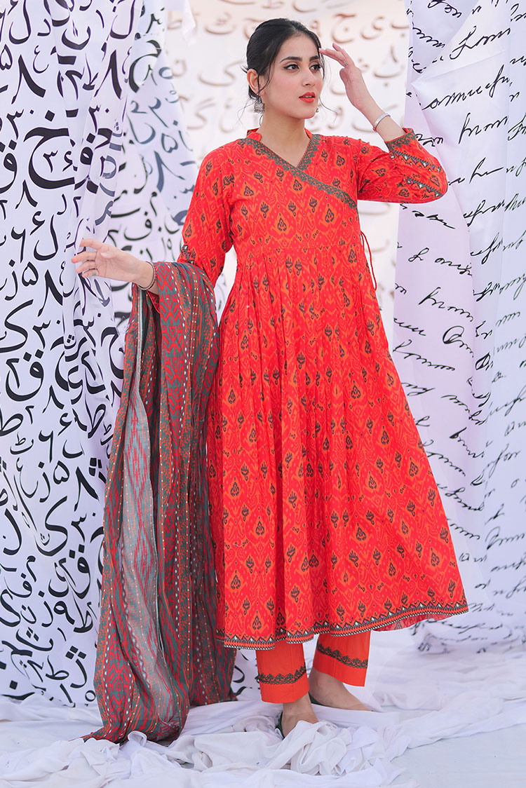 Picture of Senorita - LAD-02215 | Orange & Multicolor | Casual 3 Piece Suit | Cotton Lawn Print - Available at Raja Sahib