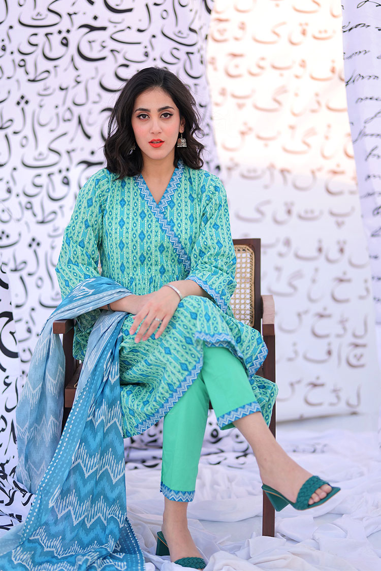 Picture of Senorita - LAD-02277 | Sea Green & Multicolor | Casual 3 Piece Suit  | Cotton Lawn Print - Available at Raja Sahib