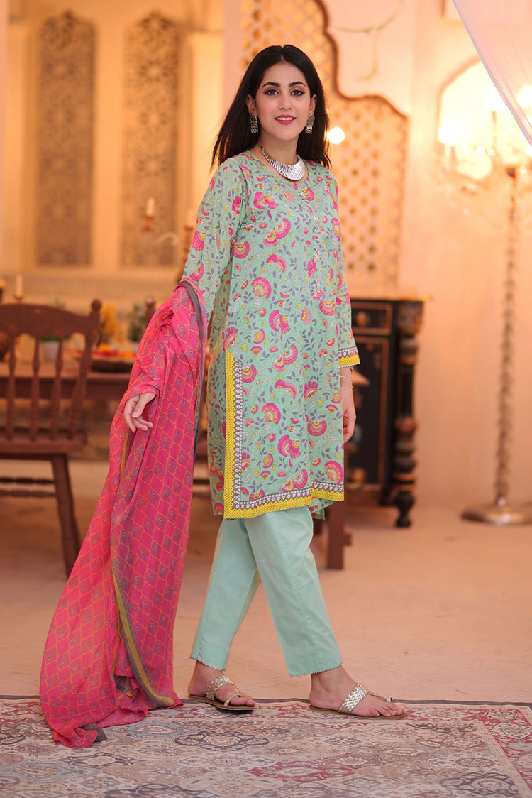 Picture of Senorita - LAD-02318 | Sea Green & Muliticolor | Casual 3 Piece Suit  | Cotton Lawn Print - Available at Raja Sahib