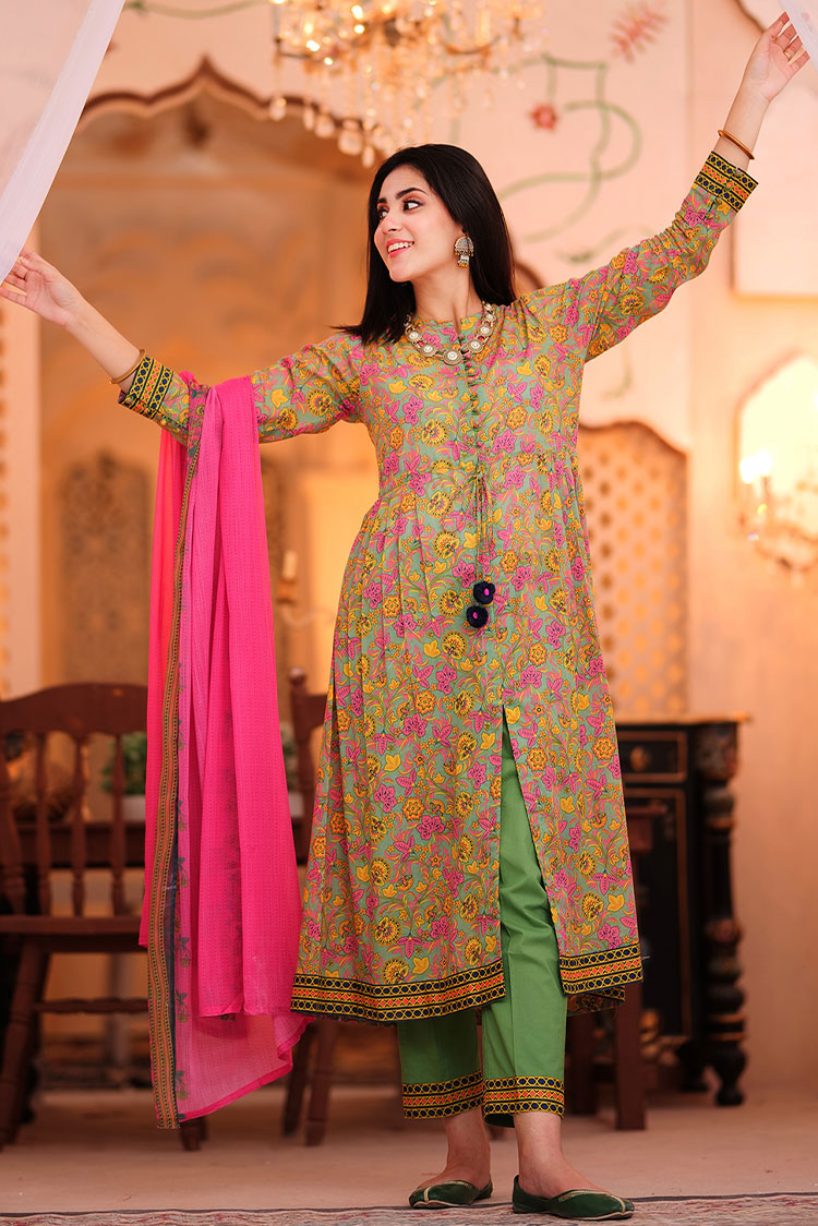 Picture of Senorita - LAD-02336 | Green & Multicolor | Casual 3 Piece Suit  | Cotton Lawn Printed - Available at Raja Sahib