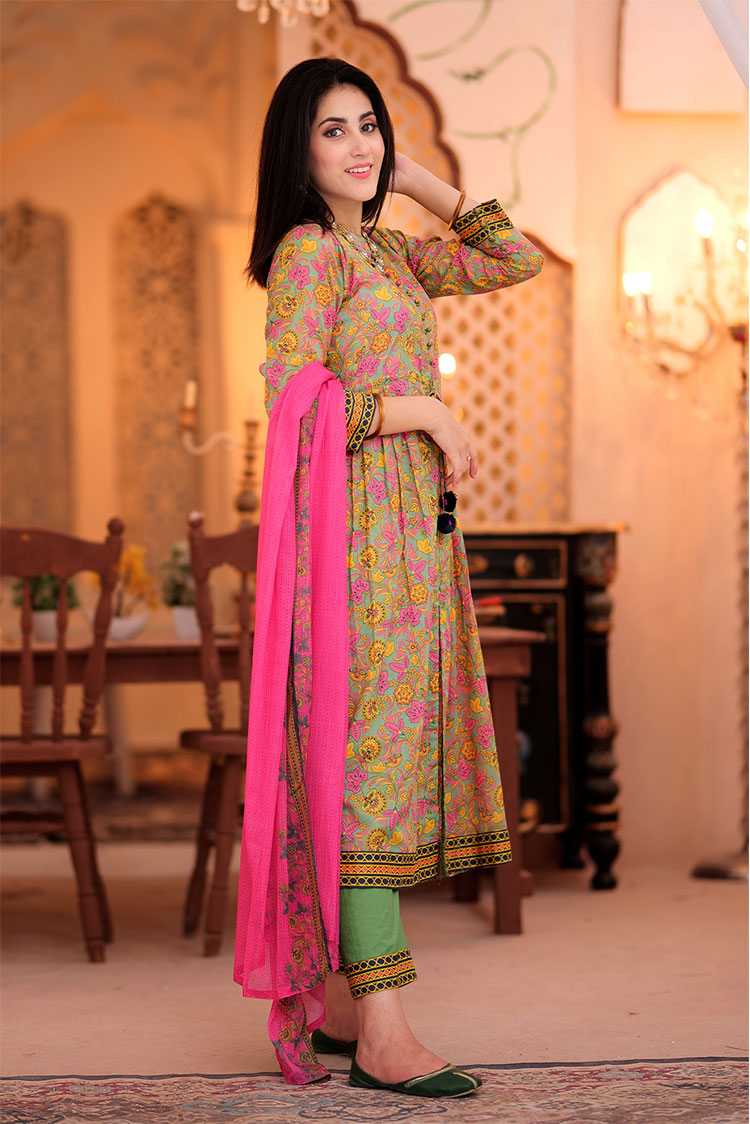 Picture of Senorita - LAD-02336 | Green & Multicolor | Casual 3 Piece Suit  | Cotton Lawn Printed - Available at Raja Sahib