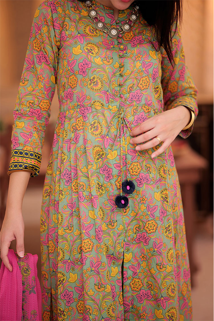 Picture of Senorita - LAD-02336 | Green & Multicolor | Casual 3 Piece Suit  | Cotton Lawn Printed - Available at Raja Sahib