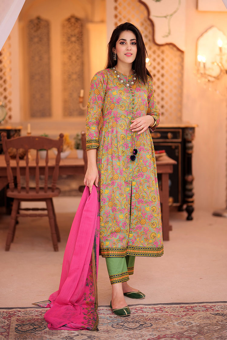 Picture of Senorita - LAD-02336 | Green & Multicolor | Casual 3 Piece Suit  | Cotton Lawn Printed - Available at Raja Sahib