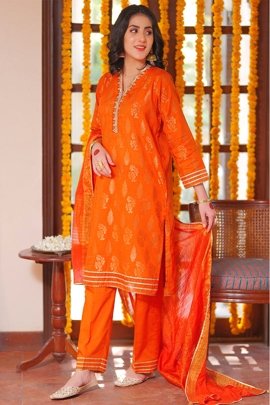 Picture of Senorita - LBD-02260 | Orange & Golden | Casual 3 Piece Suit  | Cotton Jacquard - Available at Raja Sahib