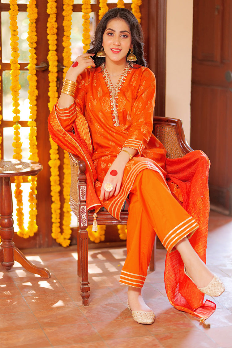Picture of Senorita - LBD-02260 | Orange & Golden | Casual 3 Piece Suit  | Cotton Jacquard - Available at Raja Sahib