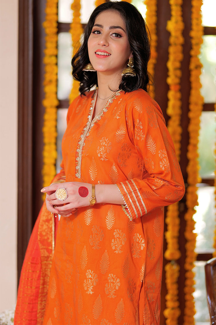 Picture of Senorita - LBD-02260 | Orange & Golden | Casual 3 Piece Suit  | Cotton Jacquard - Available at Raja Sahib