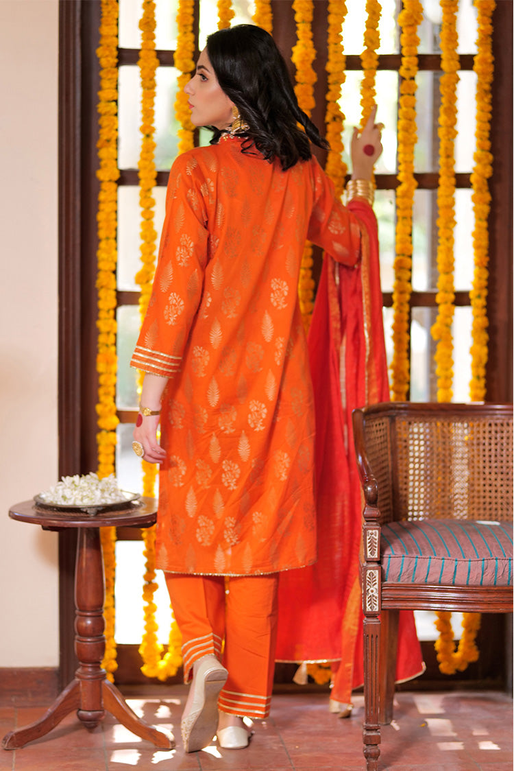 Picture of Senorita - LBD-02260 | Orange & Golden | Casual 3 Piece Suit  | Cotton Jacquard - Available at Raja Sahib