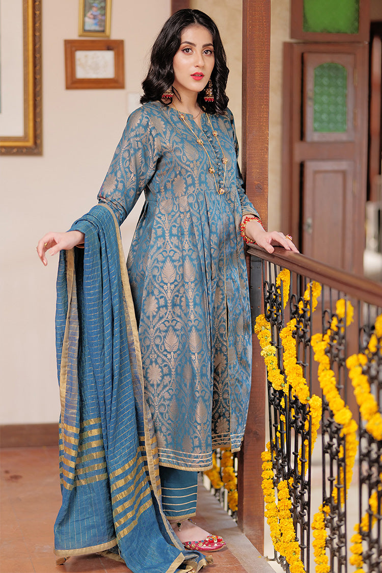 Picture of Senorita - LBD-02261 | Tarqvise Blue & Golden | Casual 3 Piece Suit  | Cotton Jacquard - Available at Raja Sahib