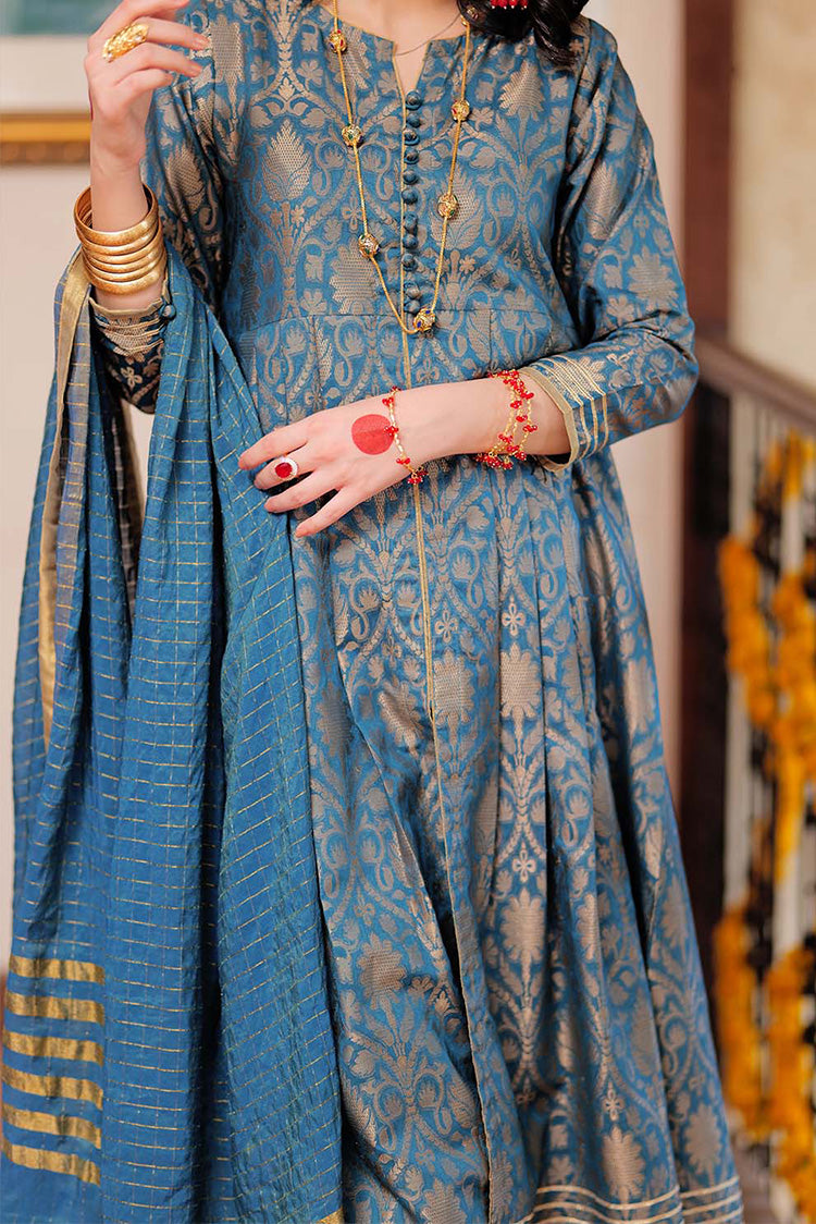 Picture of Senorita - LBD-02261 | Tarqvise Blue & Golden | Casual 3 Piece Suit  | Cotton Jacquard - Available at Raja Sahib