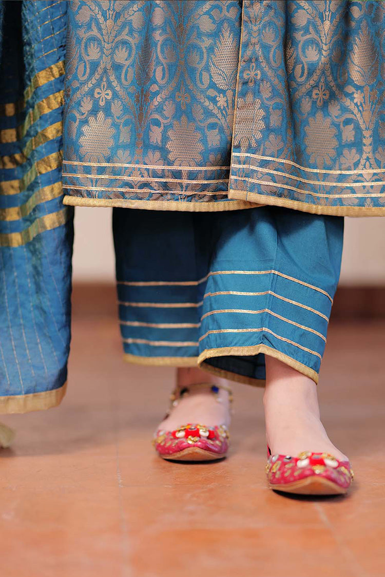 Picture of Senorita - LBD-02261 | Tarqvise Blue & Golden | Casual 3 Piece Suit  | Cotton Jacquard - Available at Raja Sahib