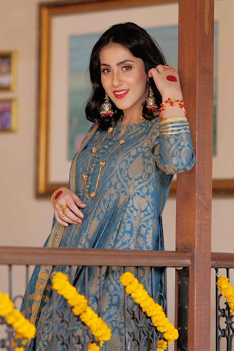 Picture of Senorita - LBD-02261 | Tarqvise Blue & Golden | Casual 3 Piece Suit  | Cotton Jacquard - Available at Raja Sahib