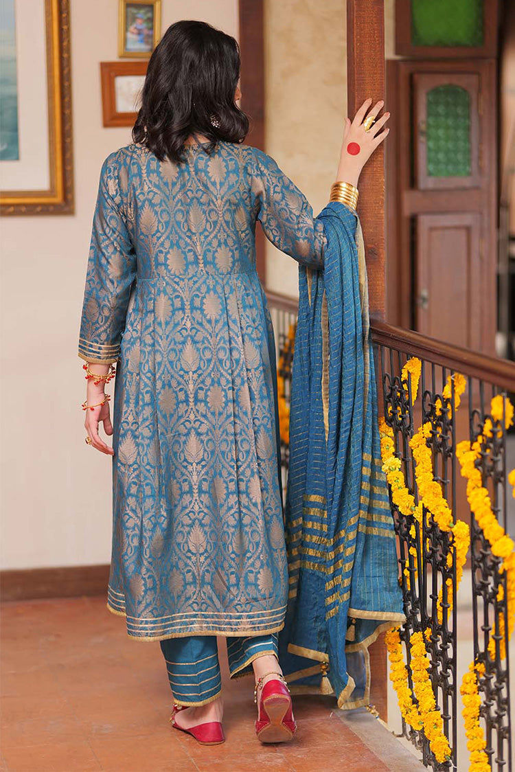 Picture of Senorita - LBD-02261 | Tarqvise Blue & Golden | Casual 3 Piece Suit  | Cotton Jacquard - Available at Raja Sahib