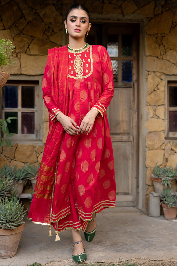 Picture of Senorita - LBD-02333 | Red & Gold | Casual 3 Piece Suit | Cotton Gold Jacquard - Available at Raja Sahib