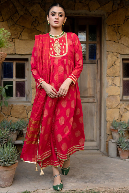 Picture of Senorita - LBD-02333 | Red & Gold | Casual 3 Piece Suit | Cotton Gold Jacquard - Available at Raja Sahib