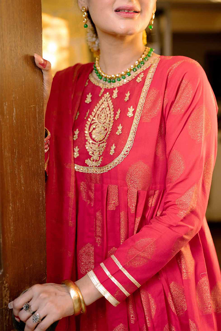 Picture of Senorita - LBD-02333 | Red & Gold | Casual 3 Piece Suit | Cotton Gold Jacquard - Available at Raja Sahib