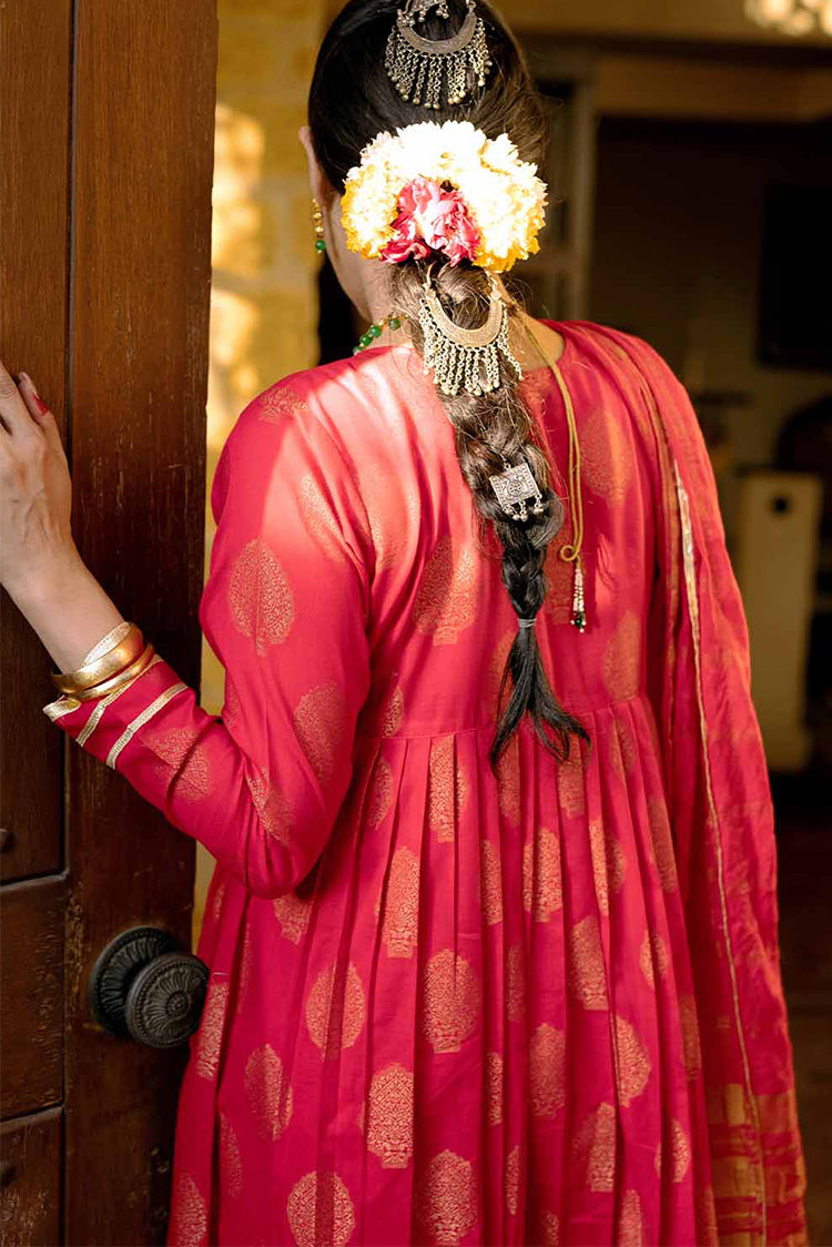 Picture of Senorita - LBD-02333 | Red & Gold | Casual 3 Piece Suit | Cotton Gold Jacquard - Available at Raja Sahib