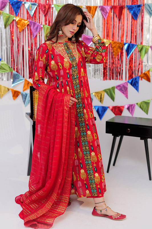 Picture of Senorita - LBD-02534 | Red & Gold | Casual plus 3 Piece Suit | Cotton Gold Print Lawn - Available at Raja Sahib