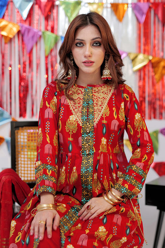 Picture of Senorita - LBD-02534 | Red & Gold | Casual plus 3 Piece Suit | Cotton Gold Print Lawn - Available at Raja Sahib