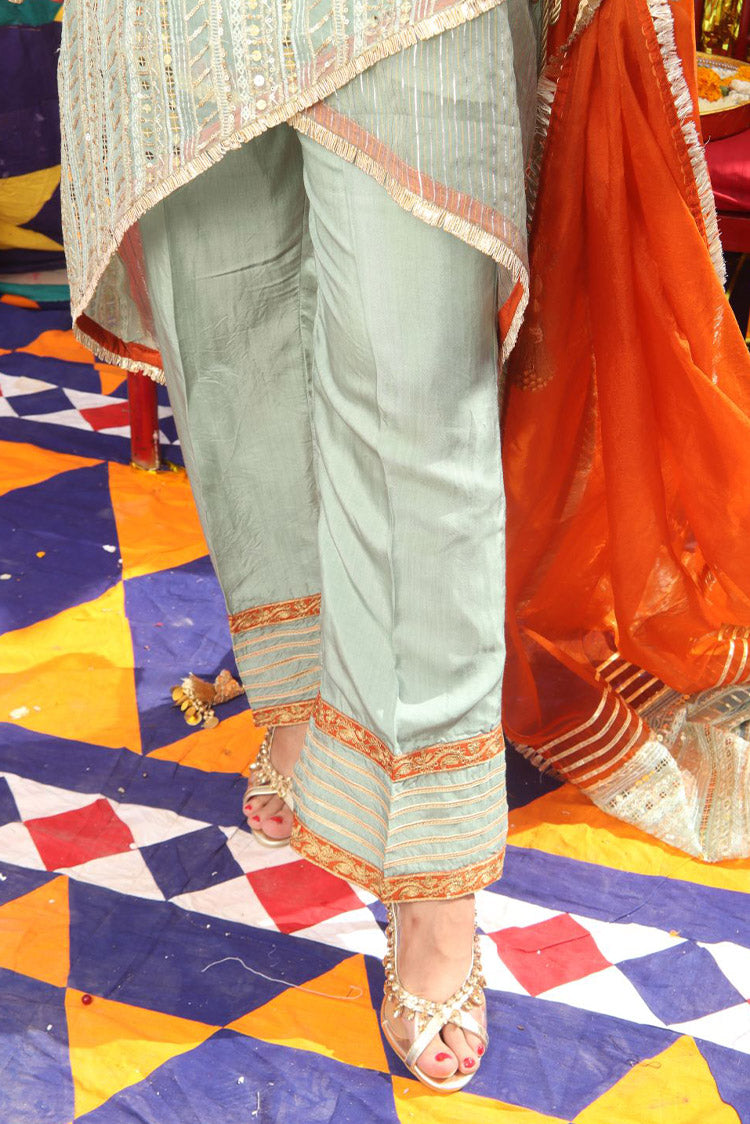 Picture of Senorita - LDD-01889 | Light Green & Golden | Formal 3 Piece Suit  | Pure Banarsi Organza Self Strip - Available at Raja Sahib