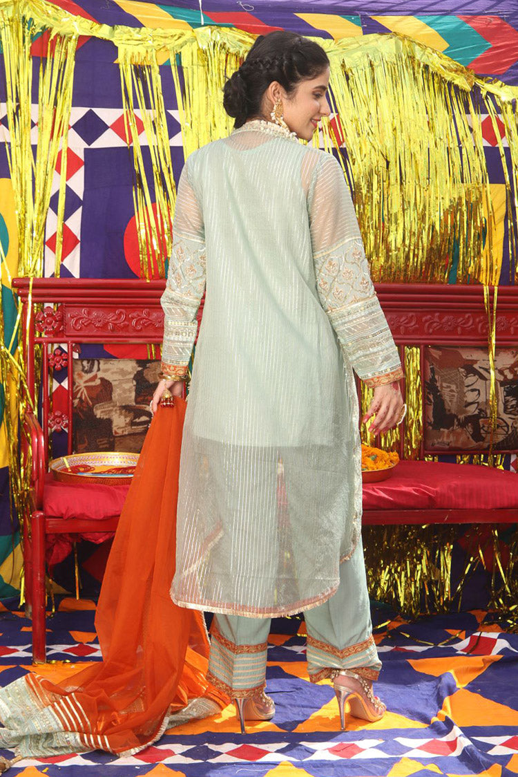 Picture of Senorita - LDD-01889 | Light Green & Golden | Formal 3 Piece Suit  | Pure Banarsi Organza Self Strip - Available at Raja Sahib