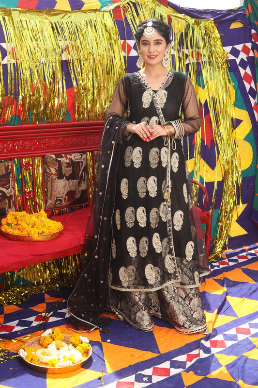 Picture of Senorita - LDD-01893 | Black & Golden | Formal 3 Piece Suit  | Pure Banarsi Indian Net - Available at Raja Sahib