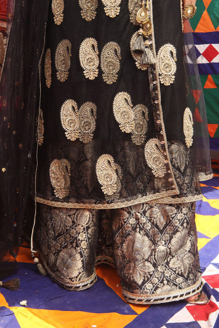 Picture of Senorita - LDD-01893 | Black & Golden | Formal 3 Piece Suit  | Pure Banarsi Indian Net - Available at Raja Sahib