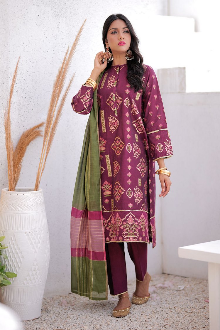 Picture of Senorita - LDD-02410 | Megenta & Multicolor | Formal 3 Piece Suit  | Masuri Jacquard Plain Fabric - Available at Raja Sahib