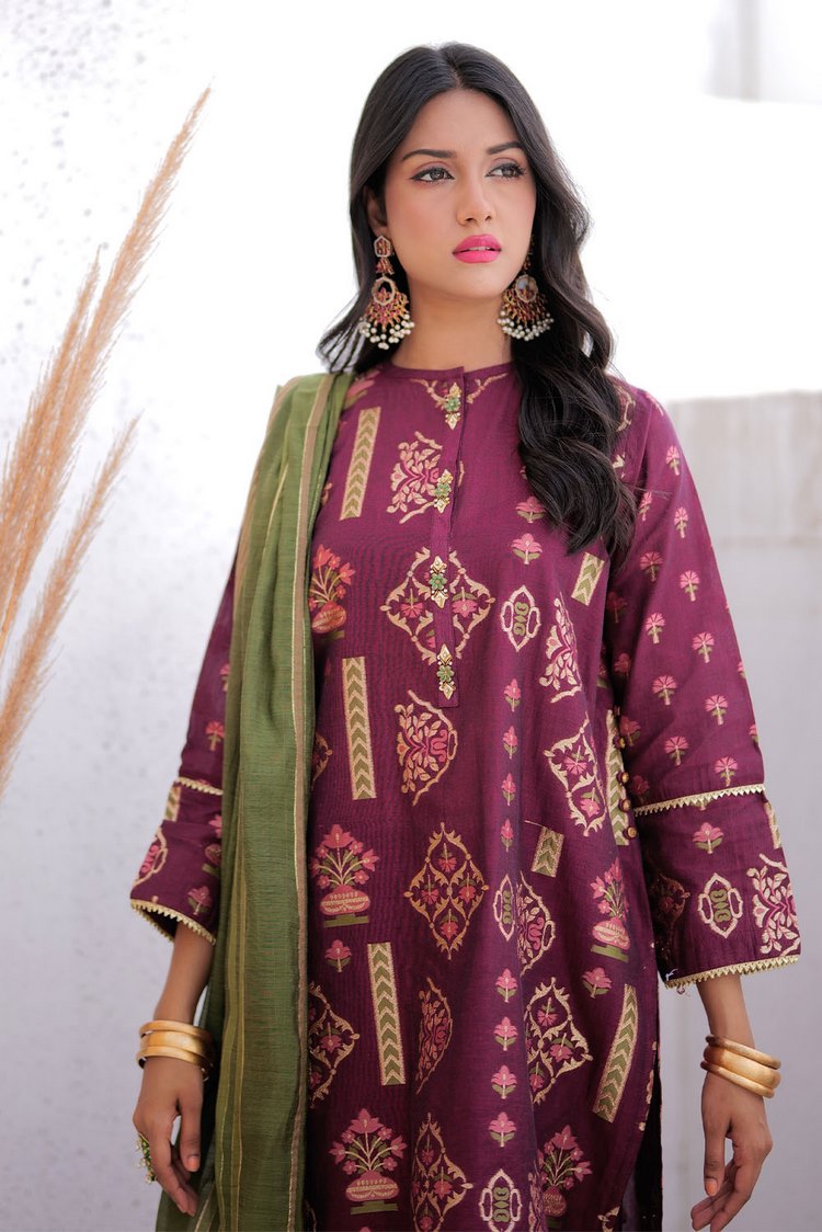 Picture of Senorita - LDD-02410 | Megenta & Multicolor | Formal 3 Piece Suit  | Masuri Jacquard Plain Fabric - Available at Raja Sahib