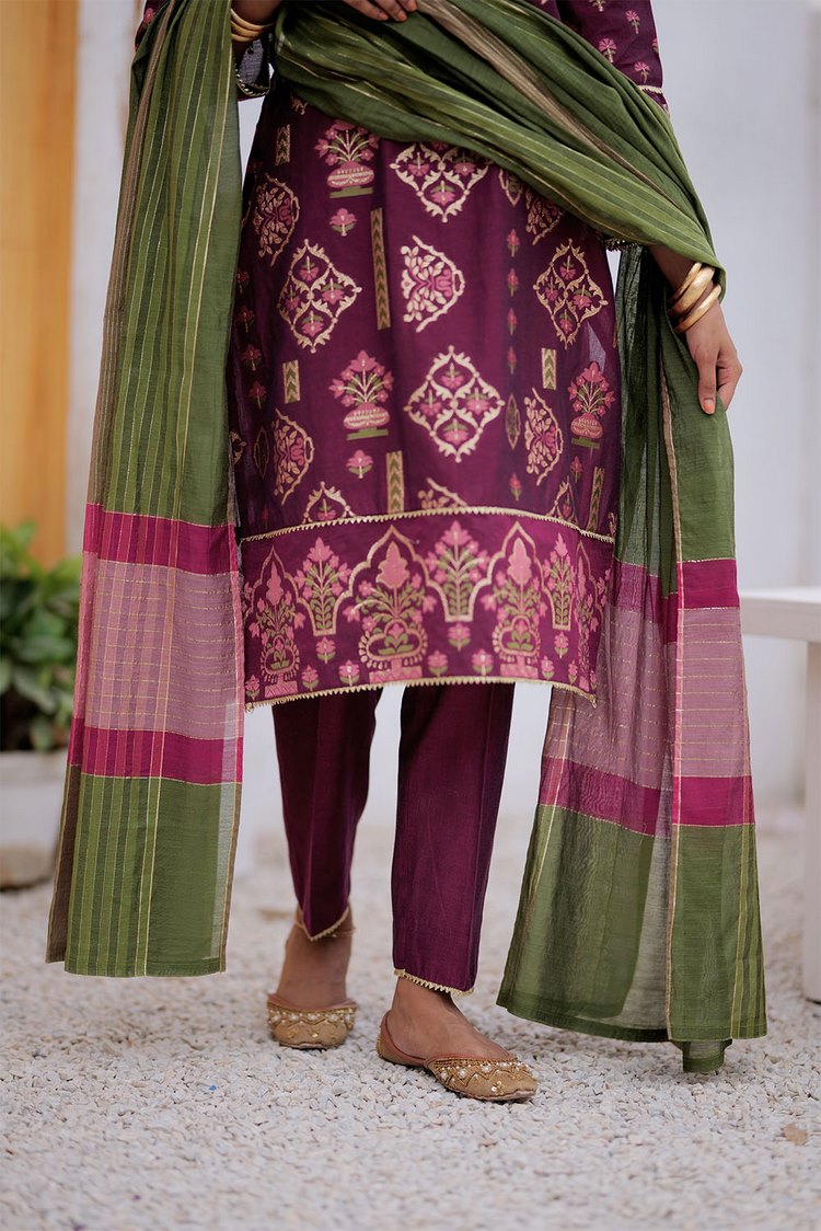 Picture of Senorita - LDD-02410 | Megenta & Multicolor | Formal 3 Piece Suit  | Masuri Jacquard Plain Fabric - Available at Raja Sahib