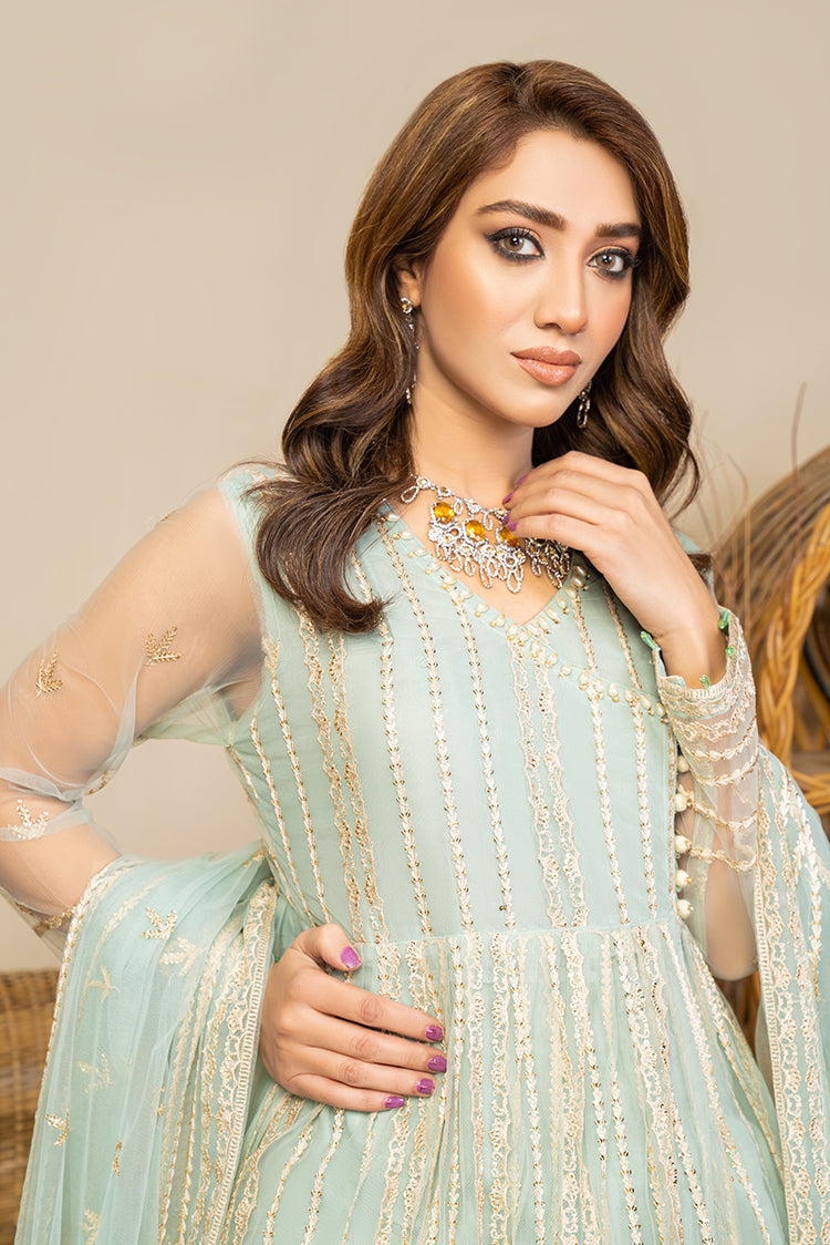 Picture of Ellena - Embroidered Net Maxi Dress Sea Green - Available at Raja Sahib