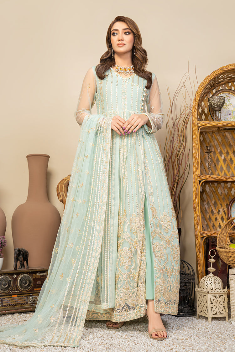 Picture of Ellena - Embroidered Net Maxi Dress Sea Green - Available at Raja Sahib