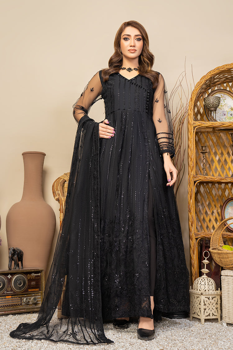 Picture of Ellena - Embroidered Net Maxi Dress Black - Available at Raja Sahib
