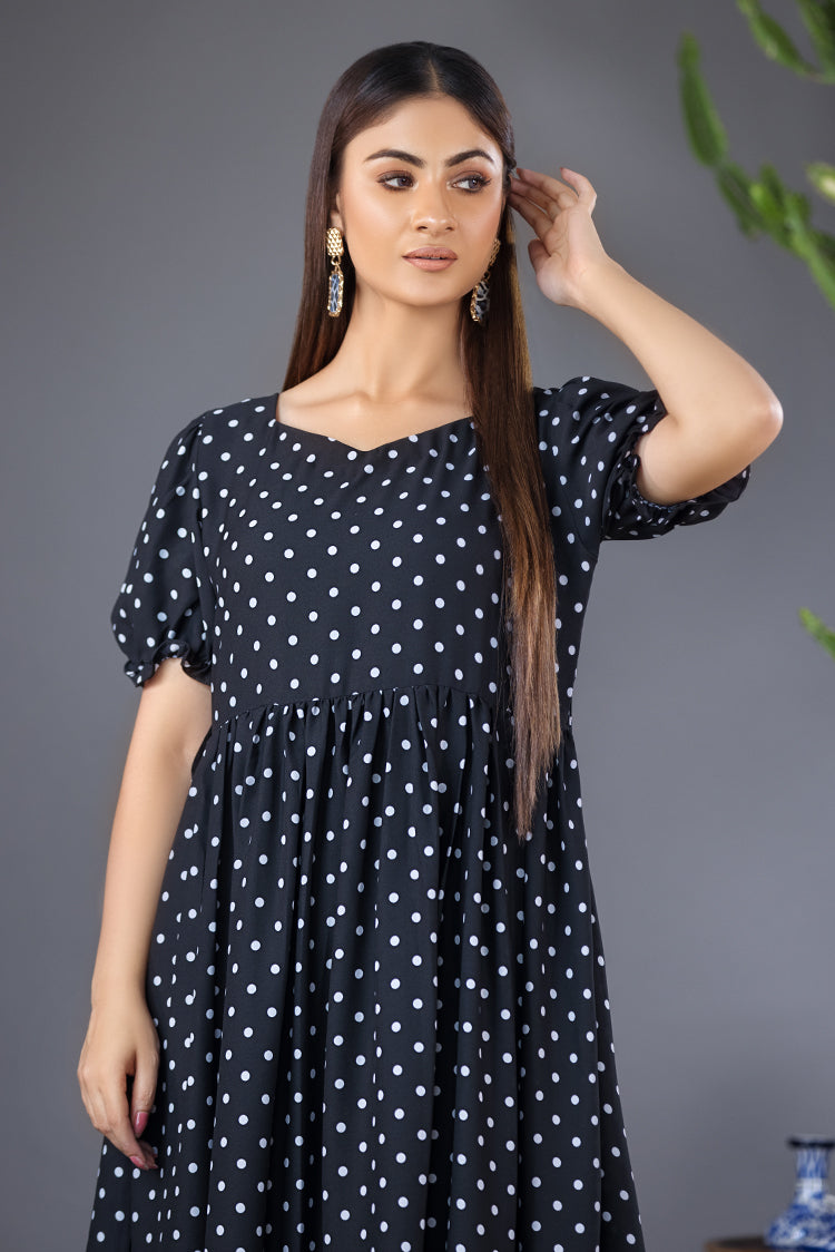 Picture of Ellena - Mini Polka Dot Print Georgette Dress - Available at Raja Sahib